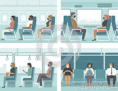 People in public transport wearing protective masks. Safe travel concept forÂ  coronavirus COVID-19 pandemic quarantine Vector Illustration